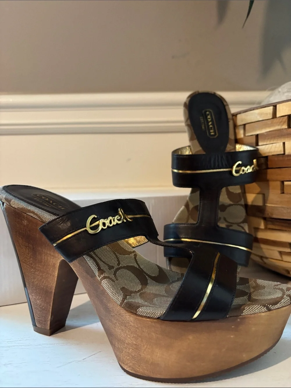 Coach Black Leather & Wood-Platform Sandals with Gold Trim